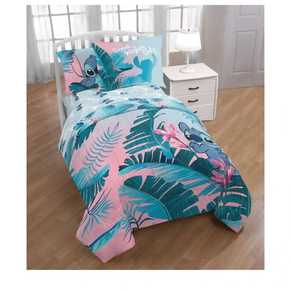 NEW Disney Full/Queen Comforter Pink Turquoise 2 Shams Stitch